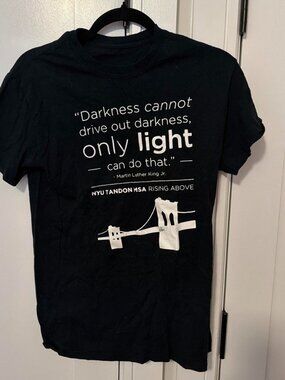 Black t-shirt with white MLK quote and bridge graphic